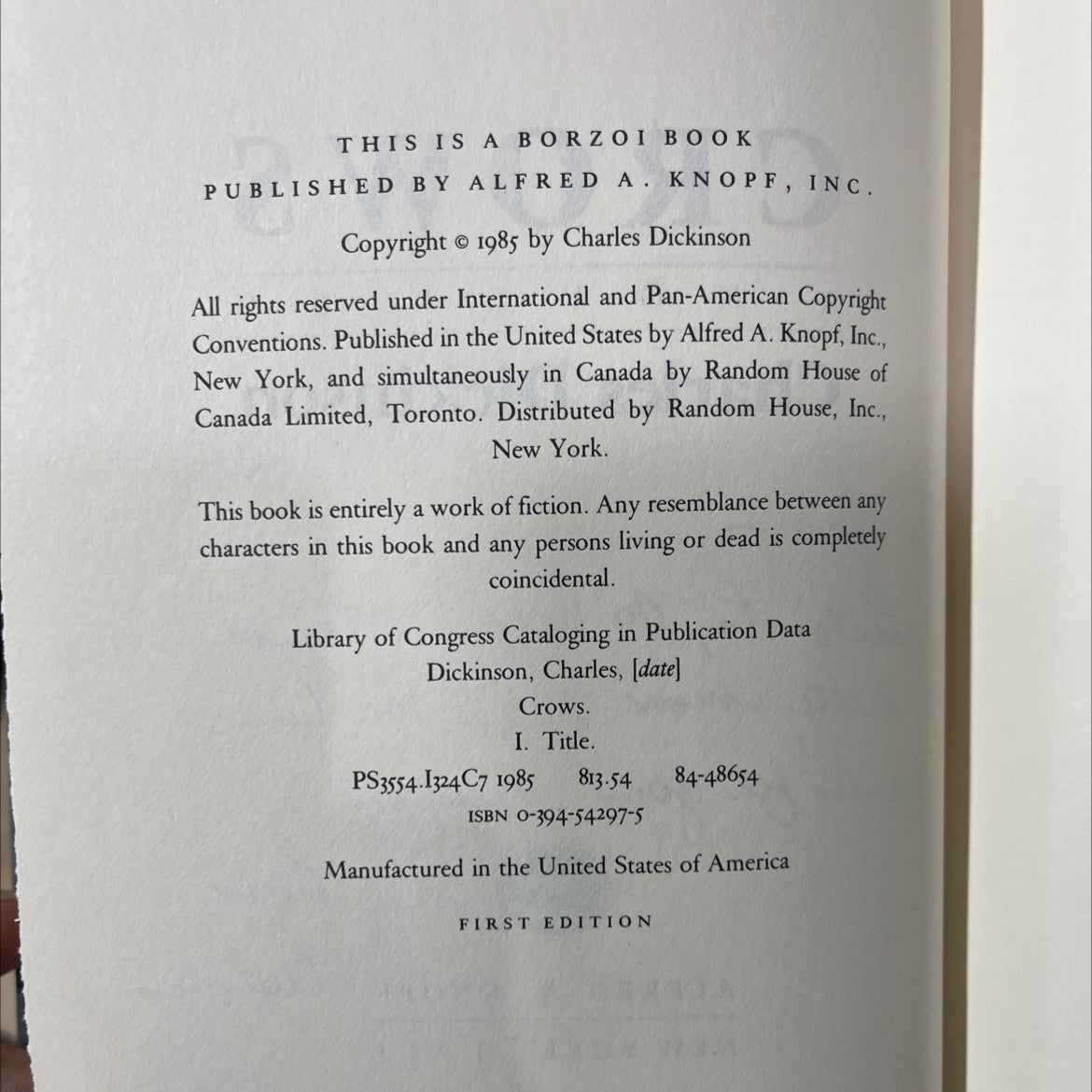 crows book, by Charles Dickinson, 1985 Hardcover, First Edition image 3