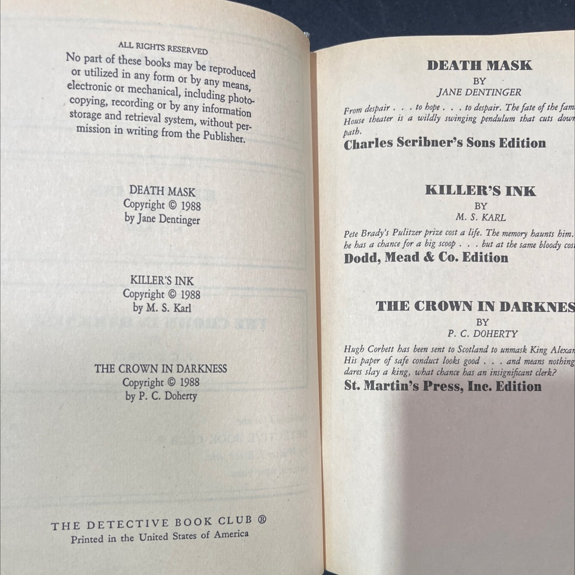 death mask book, by jane dentinger, 1988 Hardcover image 3