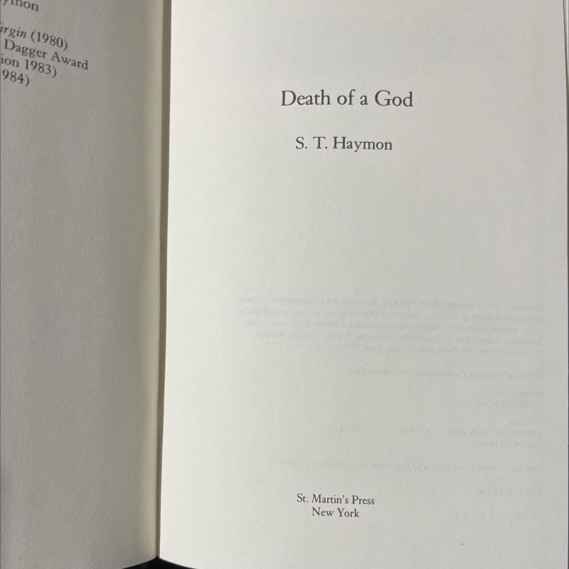 death of a god book, by S. T. Haymon, 1987 Hardcover image 2