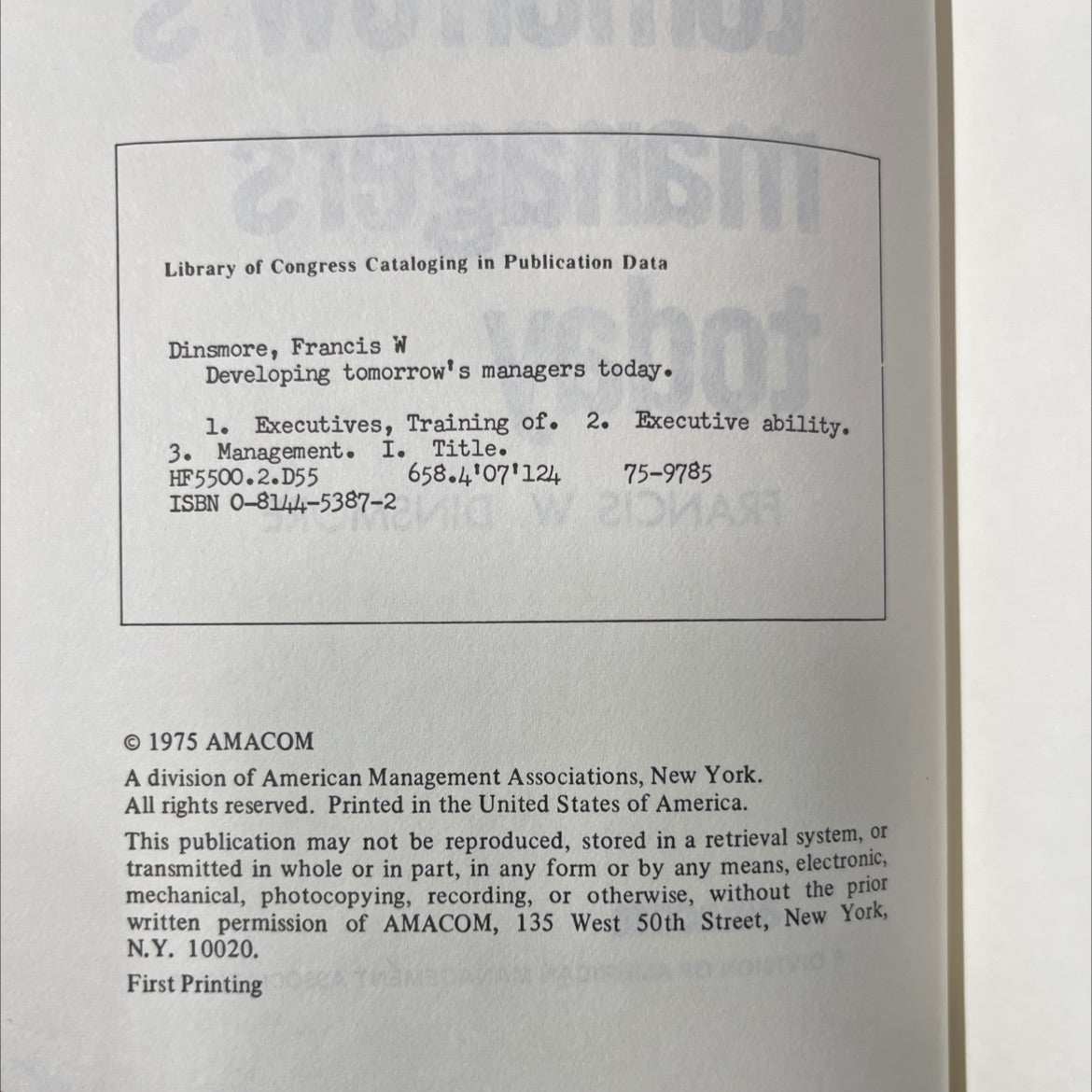 developing tomorrow's managers today book, by francis w. dinsmore, 1975 Hardcover image 3