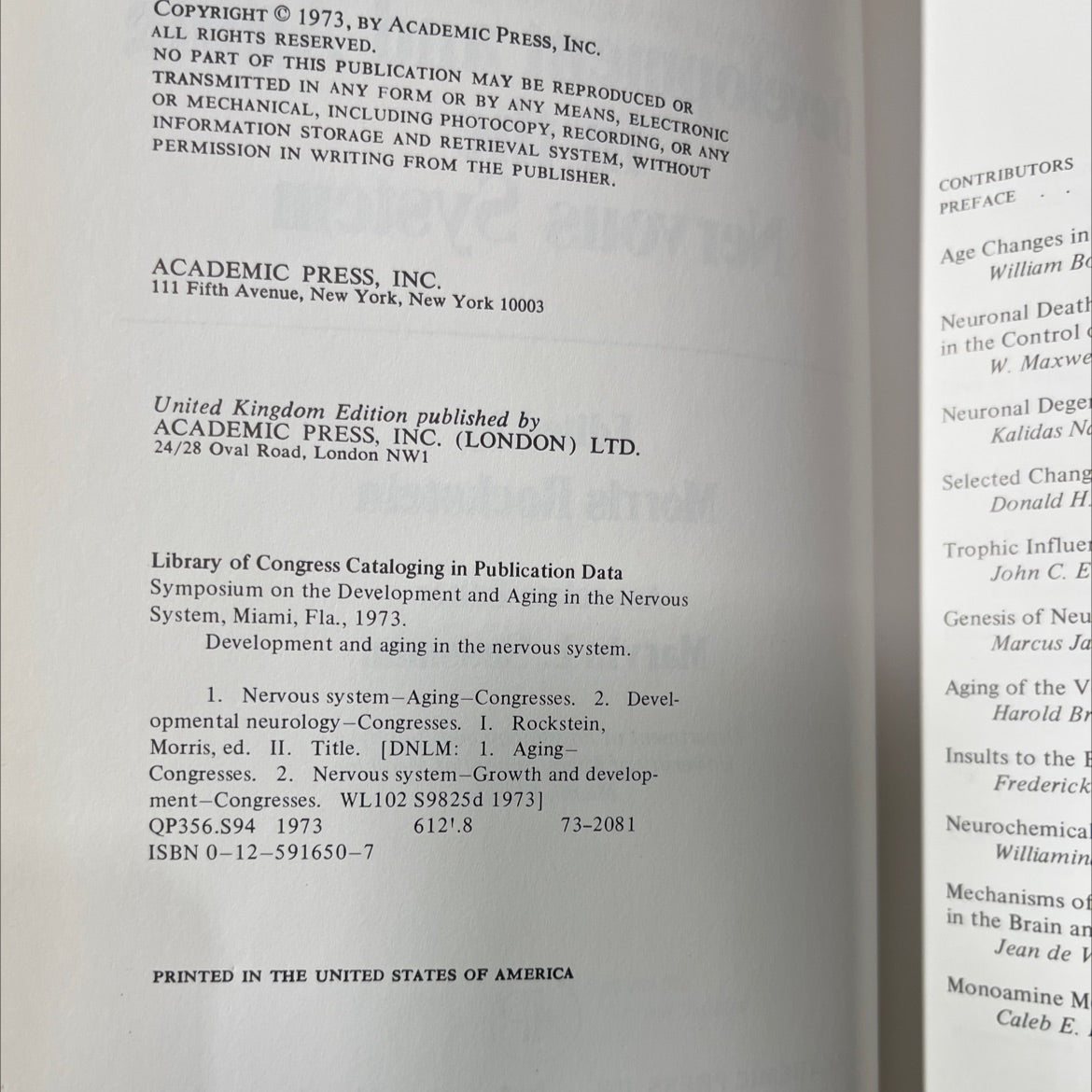 development and aging in the nervous system book, by morris rockstein, 1973 Hardcover image 3