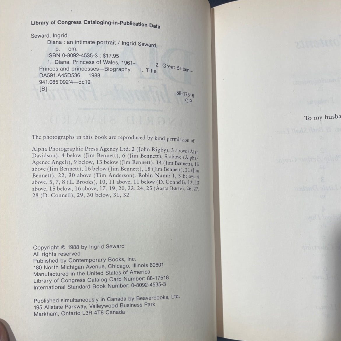 diana: an intimate portrait book, by ingrid seward, 1988 Hardcover image 3