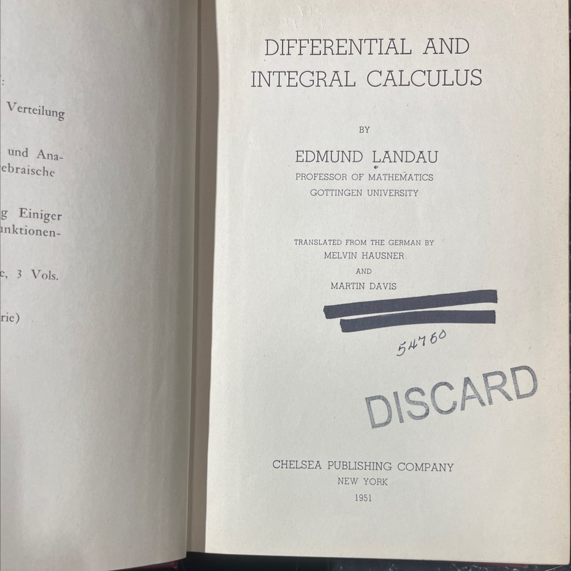differential and integral calculus and algebraic functions book, by edmund landau, 1951 Hardcover image 2