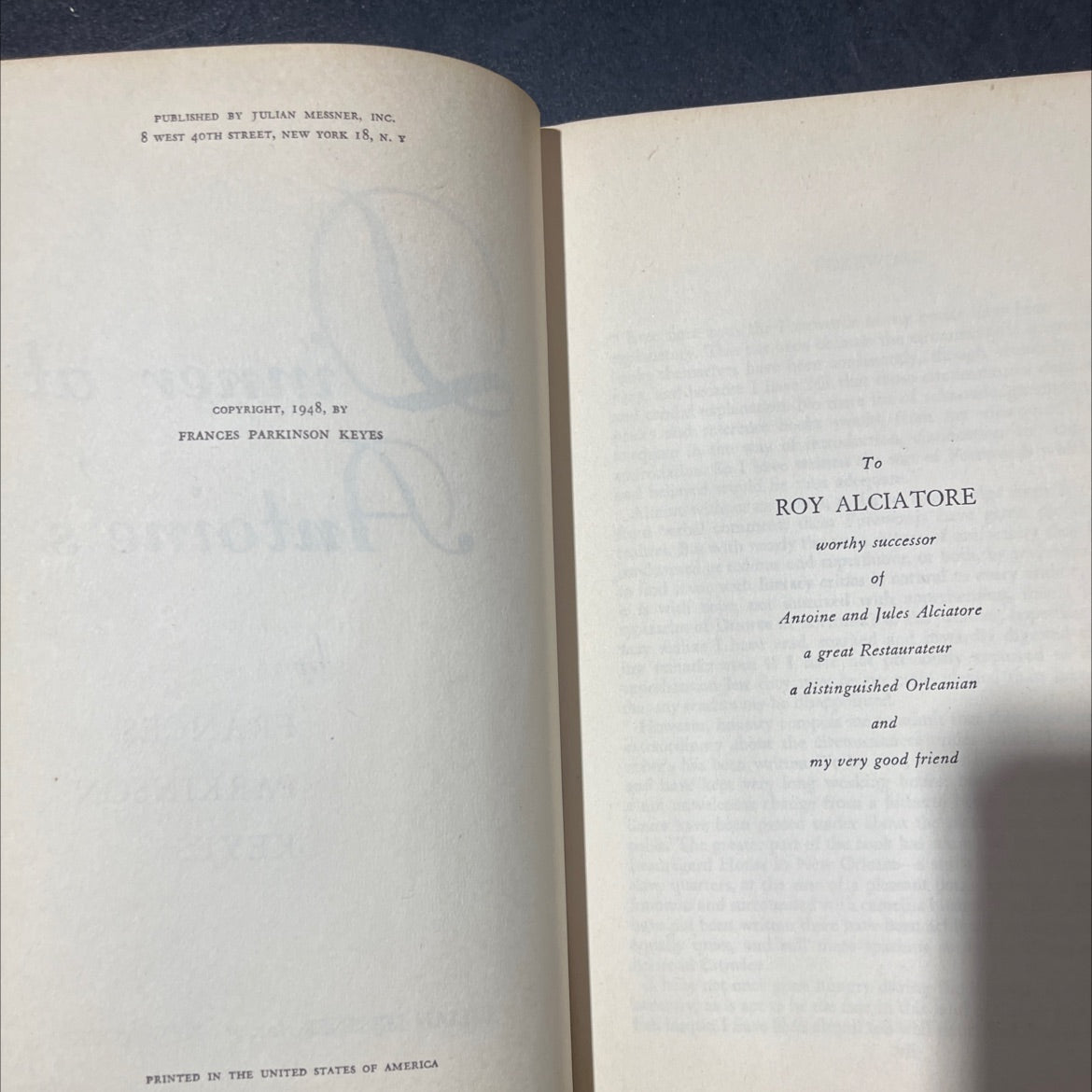 dinner at antoine's book, by frances parkinson keyes, 1948 Hardcover image 3