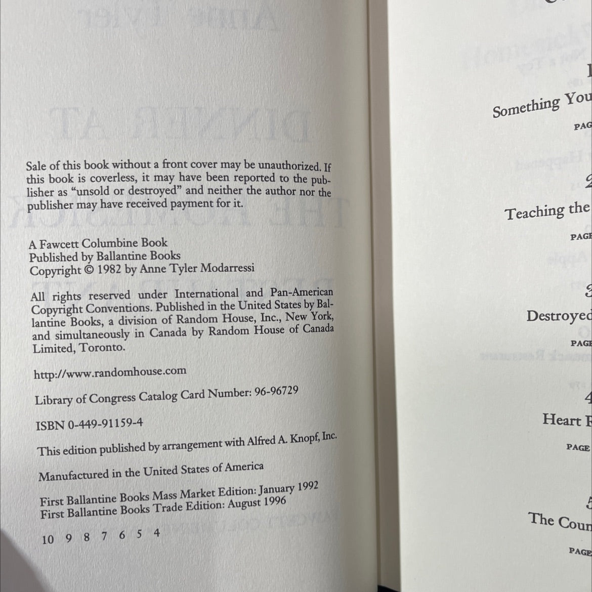 dinner at the homesick restaurant book, by Anne Tyler, 1996 Hardcover image 3