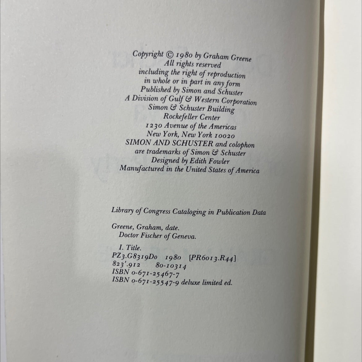 doctor fischer of geneva or the bomb party book, by graham greene, 1980 Hardcover image 3