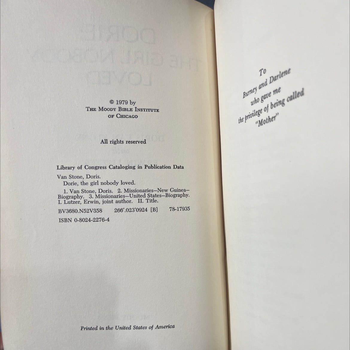 dorie: the girl nobody loved book, by doris van stone with erwin lutzer, 1979 Hardcover image 3