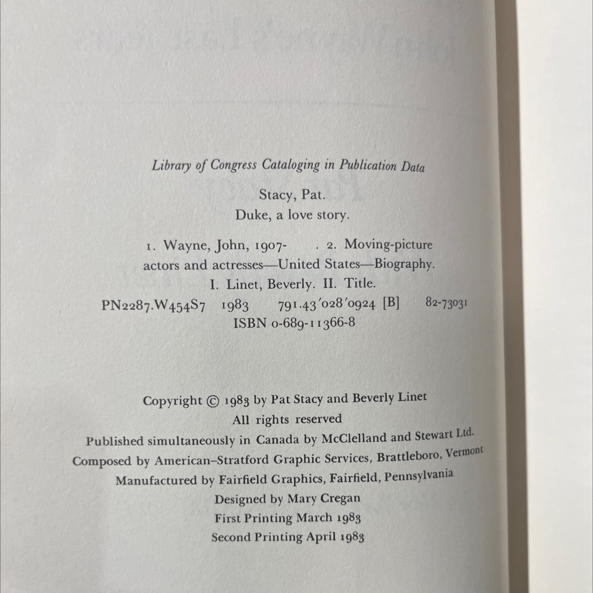 duke: a love story an intimate memoir of john wayne's last years book, by Pat Stacy, 1983 Hardcover image 3