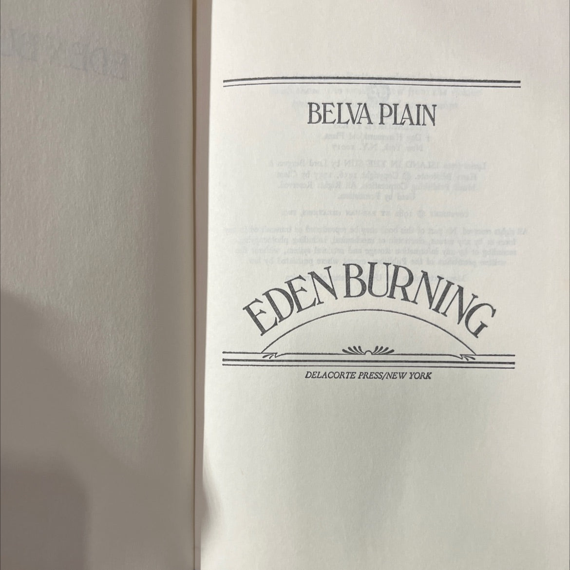 eden burning book, by belva plain, 1982 Hardcover image 2