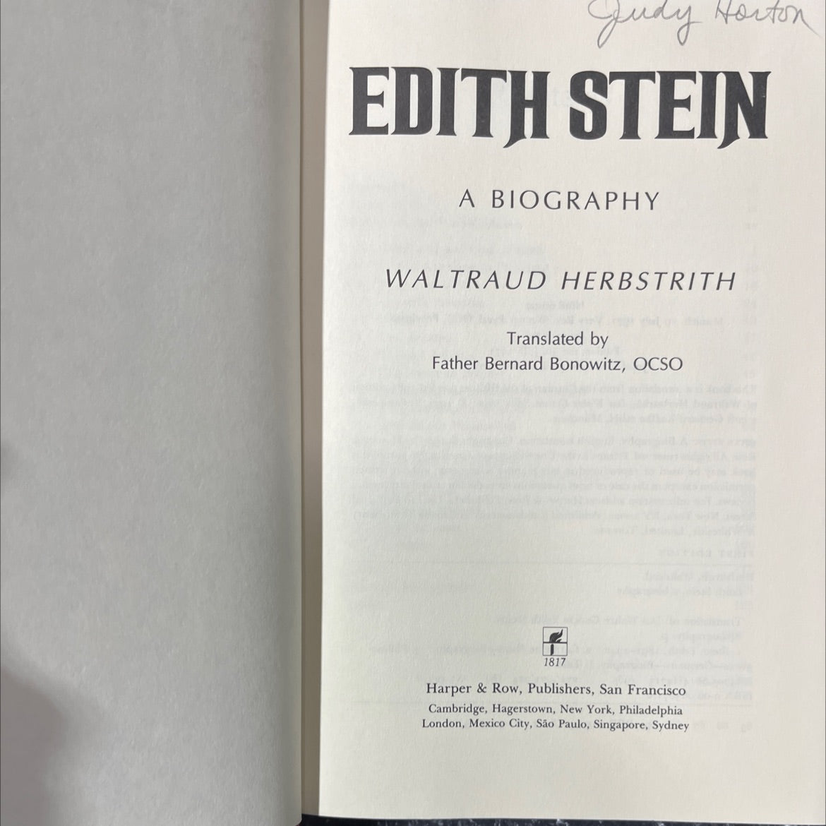 edith stein: a biography book, by waltraud herbstrith, 1985 Hardcover image 2