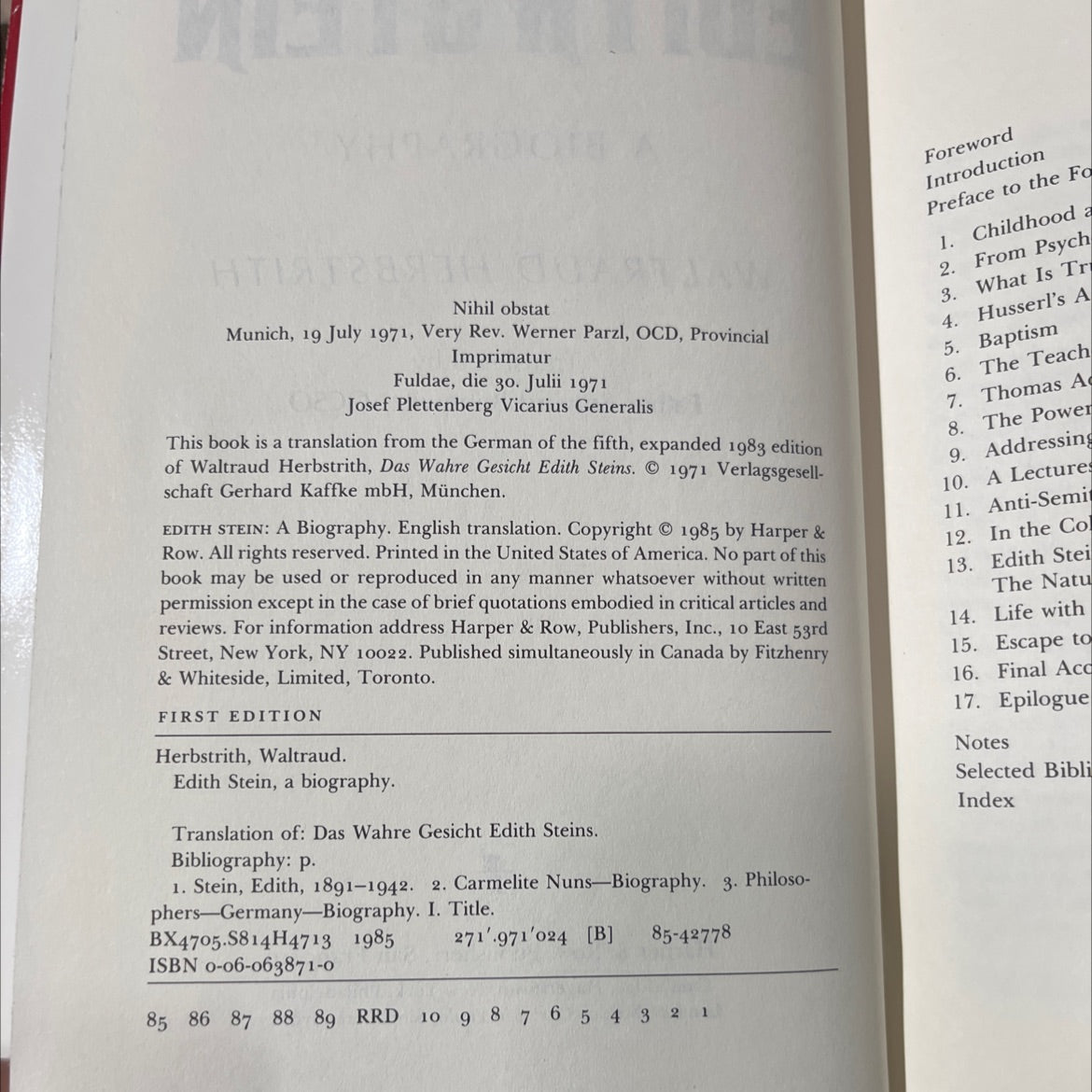 edith stein: a biography book, by waltraud herbstrith, 1985 Hardcover image 3