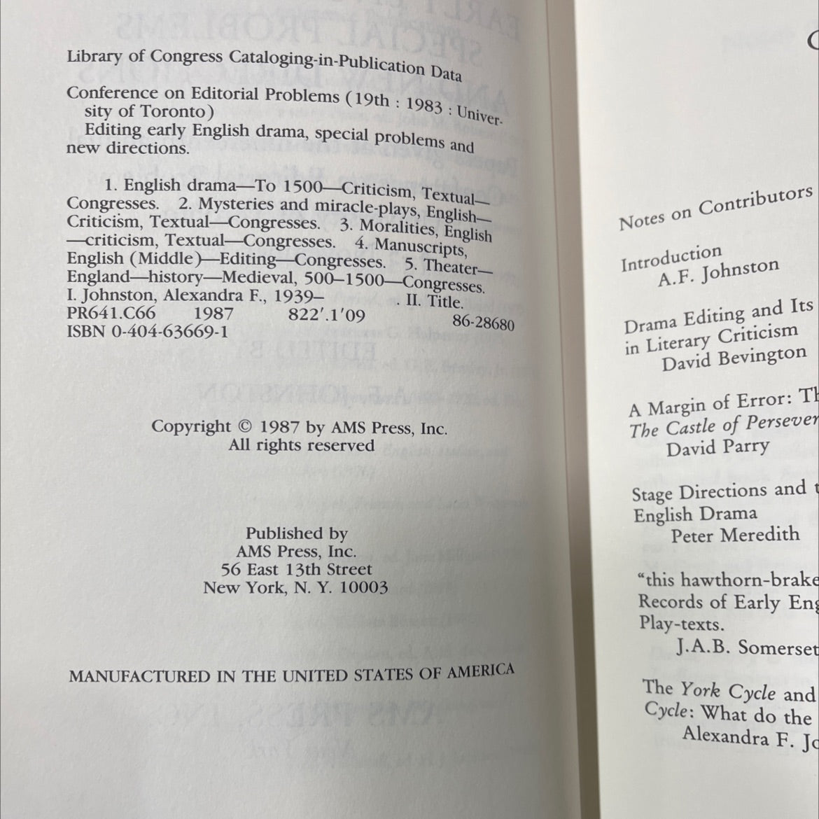 editing early english drama: special problems and new directions book, by A.F. Johnston, 1987 Hardcover image 3