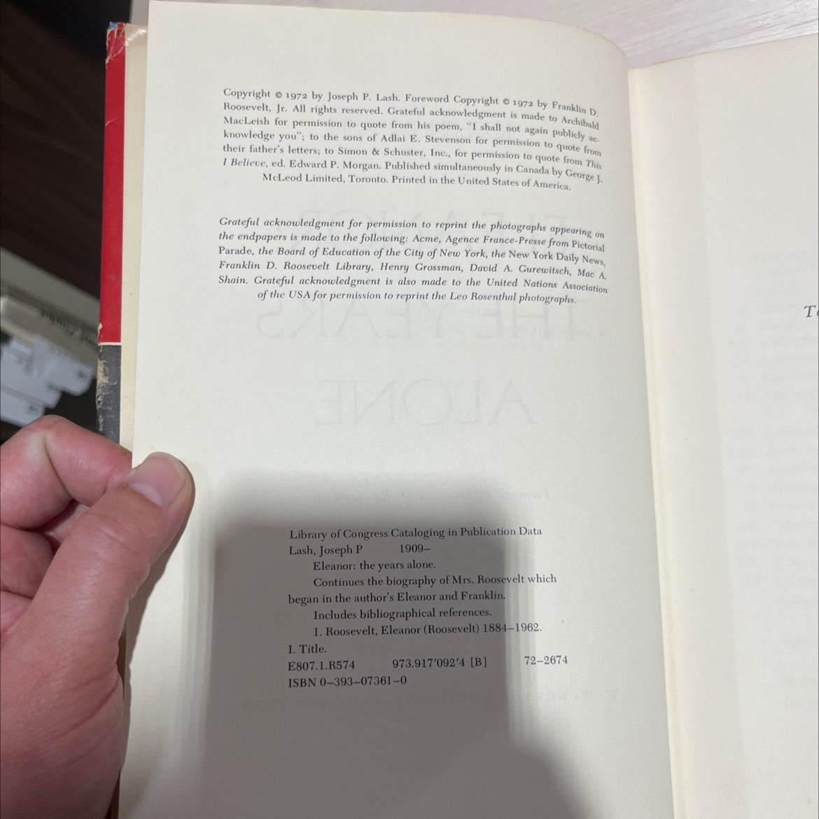 eleanor: the years alone book, by joseph p. lash, 1972 Hardcover image 3