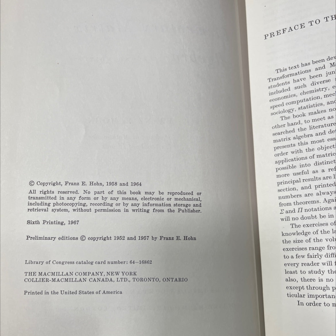 elementary matrix algebra book, by franz e. hohn, 1964 Hardcover image 3