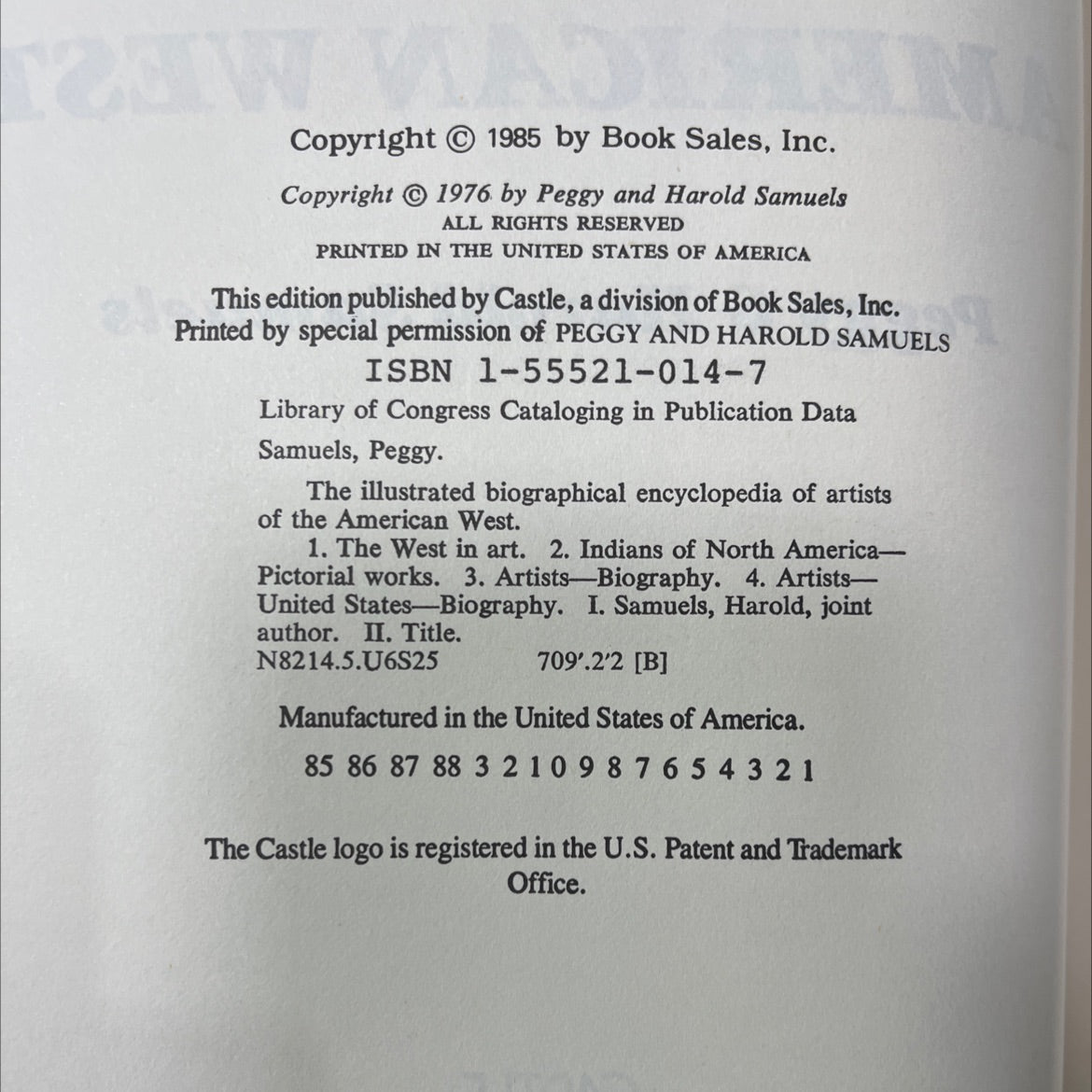 encyclopedia of artists of the american west book, by Peggy & Harold Samuels, 1985 Hardcover image 3
