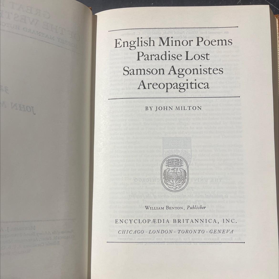 english minor poems, paradise lost, samson agonistes, areopagitica book, by john milton, 1952 Hardcover image 2