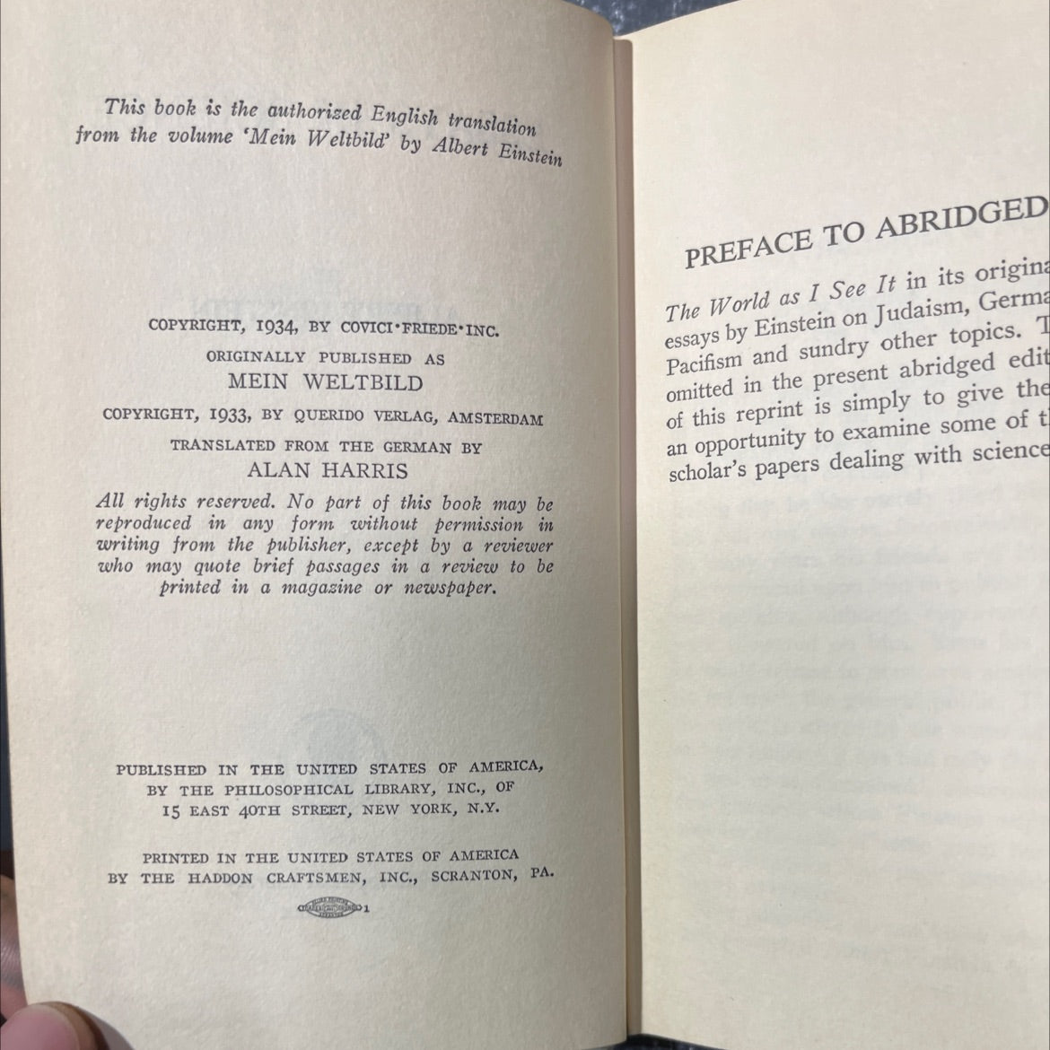 essays in science book, by albert einstein, 1934 Hardcover image 3