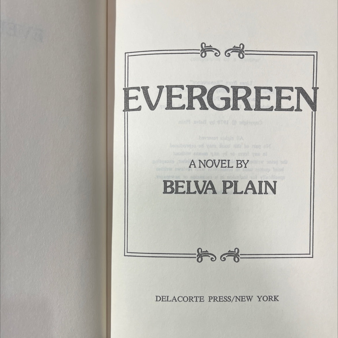 evergreen book, by belva plain, 1978 Hardcover image 2