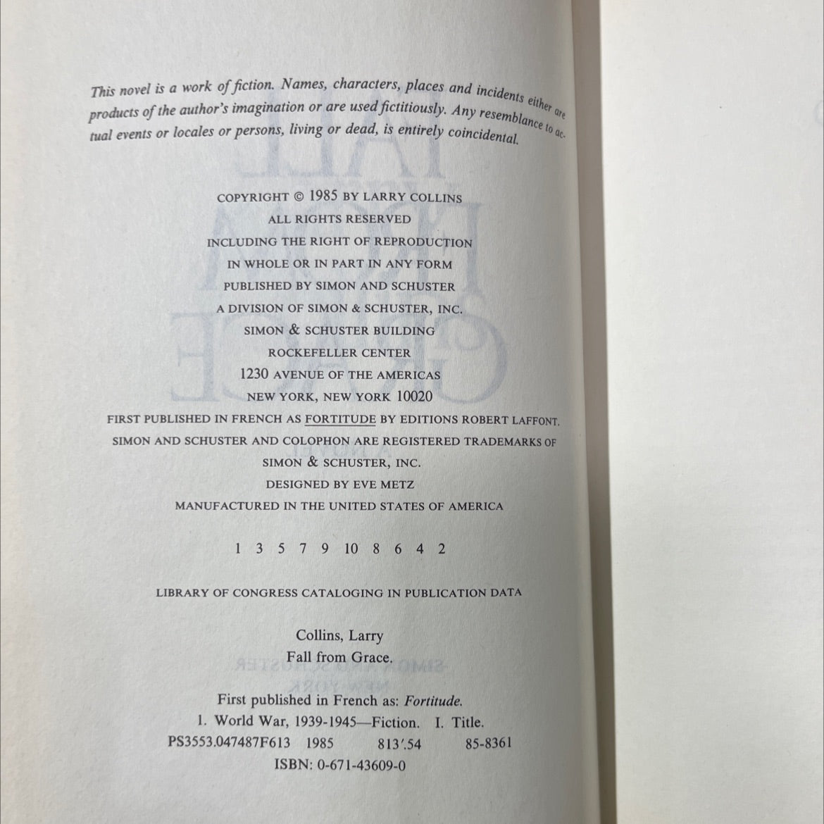 fall from grace book, by larry collins, 1985 Hardcover image 3