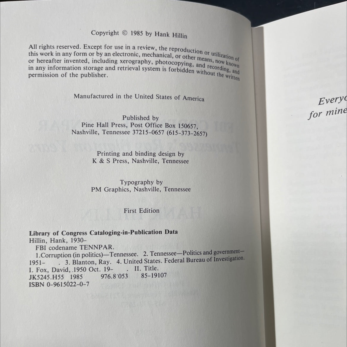 fbi codename tenntpar tennessee's ray blanton years book, by hank hillin, 1985 Hardcover image 3