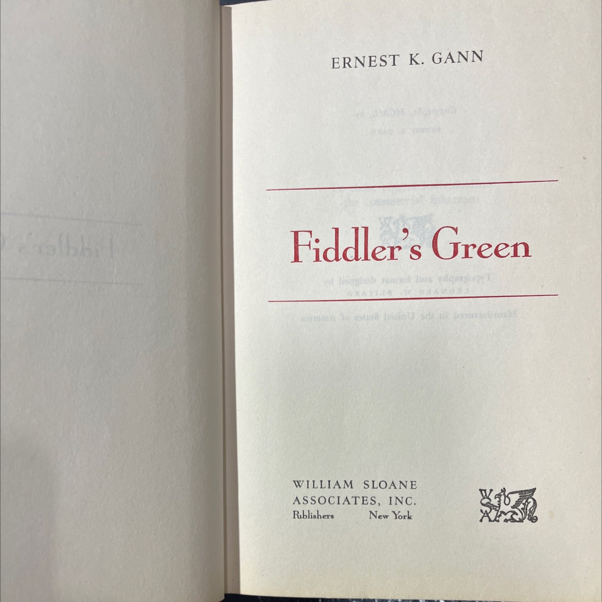 fiddler's green book, by ernest k. gann, 1950 Hardcover image 2