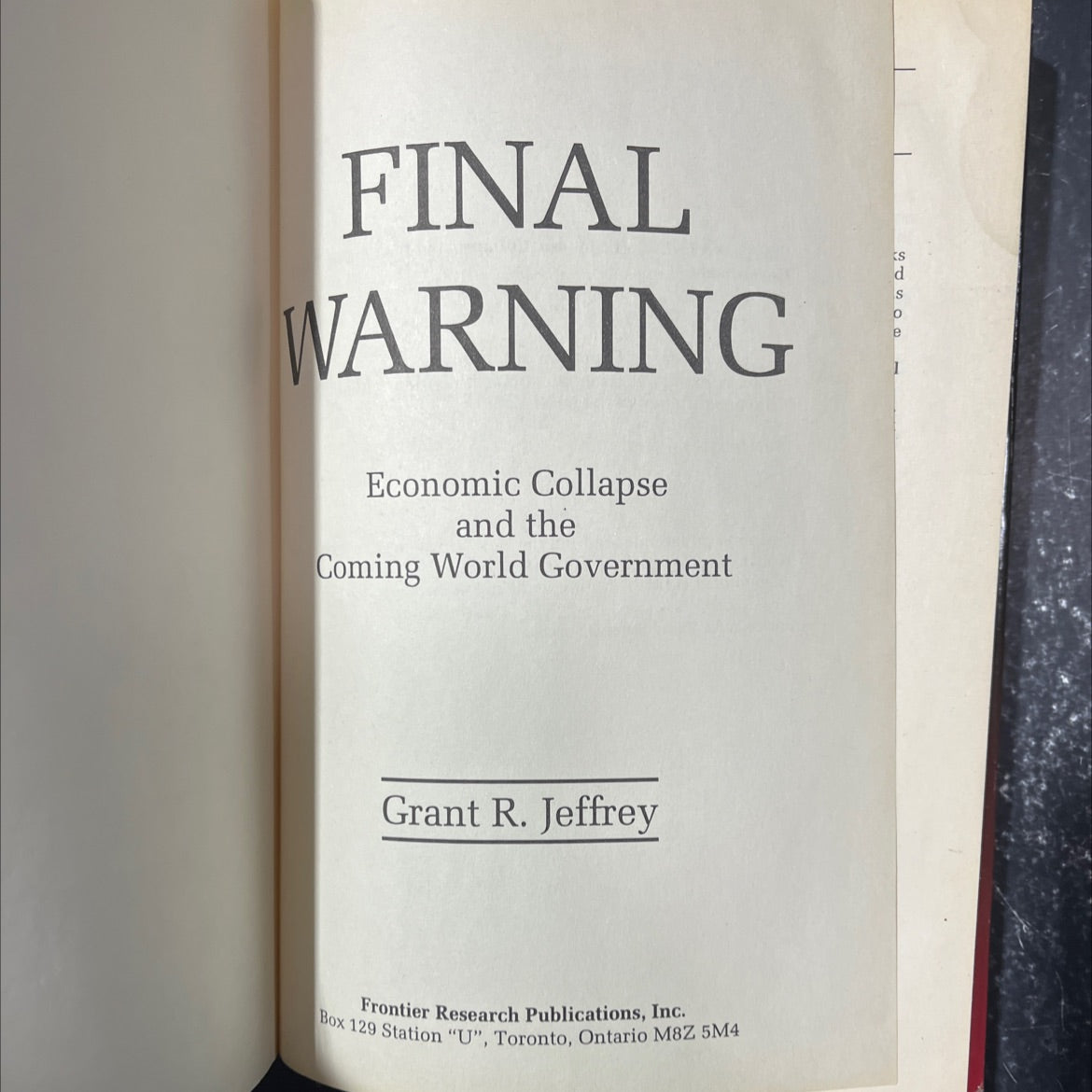 final warning economic collapse and the coming world government book, by grant r. jeffrey, 1995 Hardcover image 2