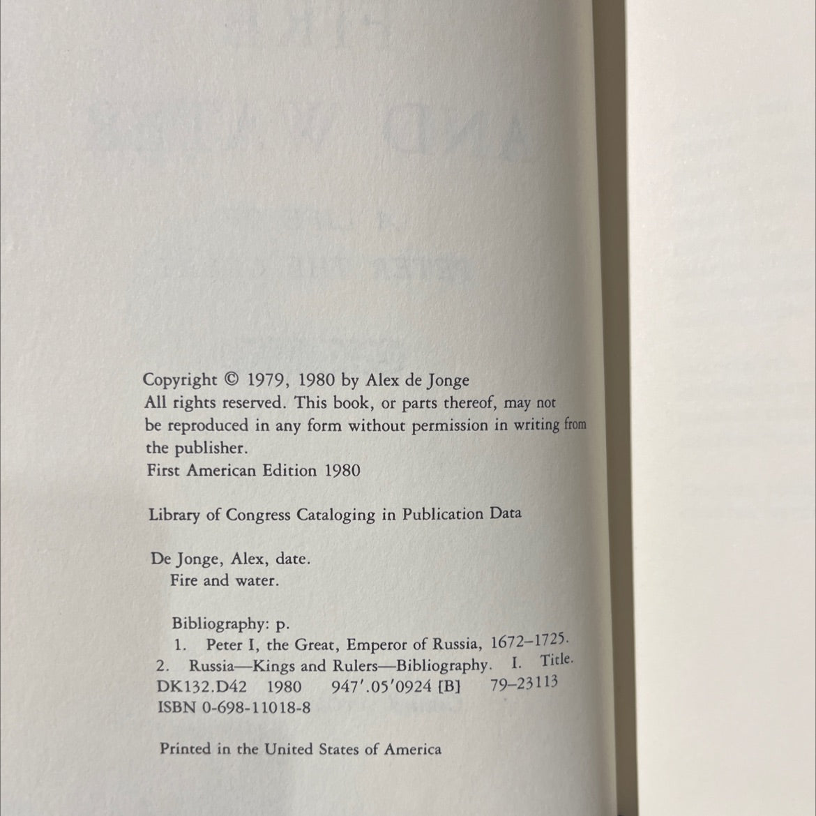 fire and water a life of peter the great book, by Alex de Jonge, 1980 Hardcover image 3