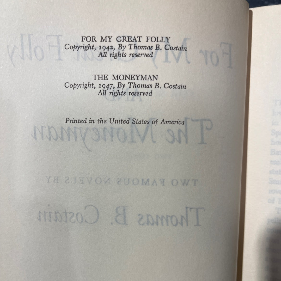 for my great folly and the moneyman book, by Thomas B. Costain, 1947 Hardcover image 3
