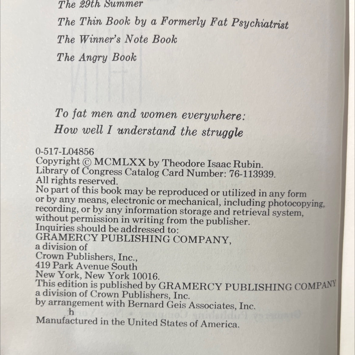 forever thin book, by theodore isaac rubin, m.d., 1970 Hardcover image 3