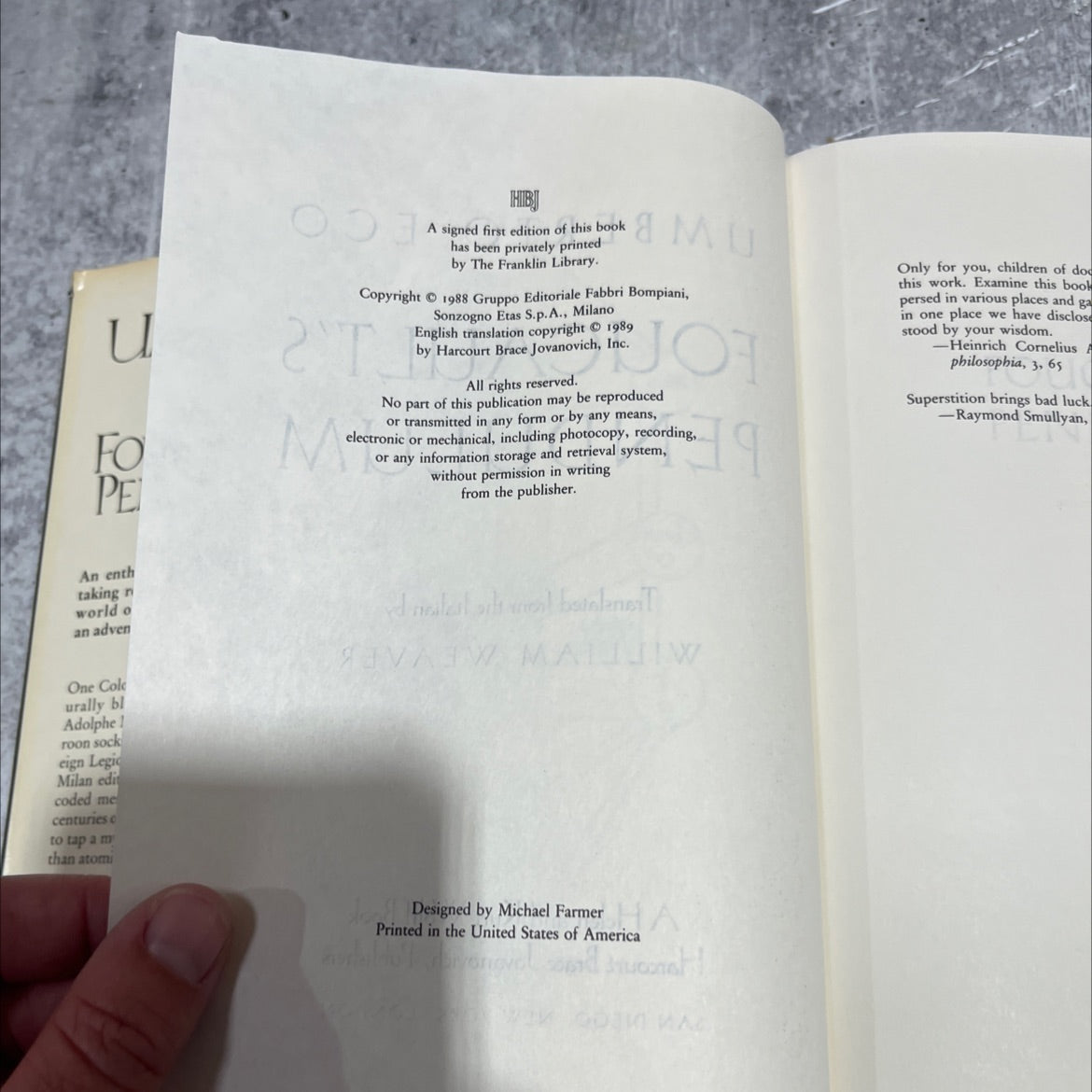 foucault's pendulum book, by umberto eco, 1989 Hardcover image 3