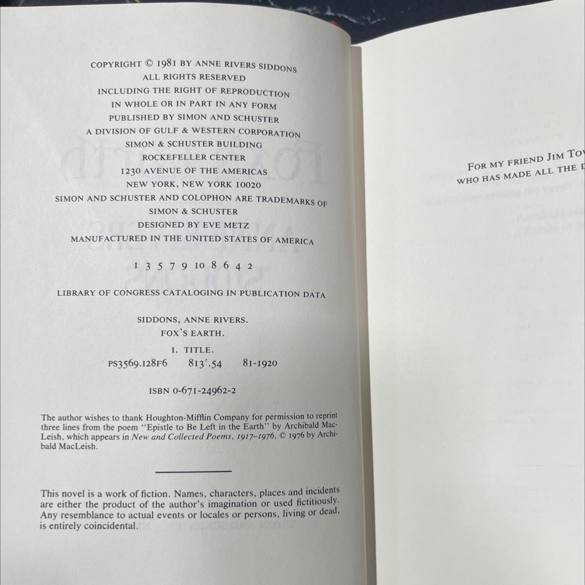 fox's earth book, by anne rivers siddons, 1981 Hardcover image 3