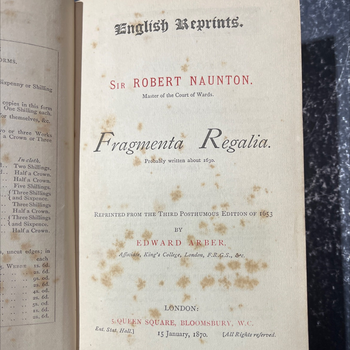 fragmenta regalia book, by sir robert naunton, 1653 Hardcover image 2