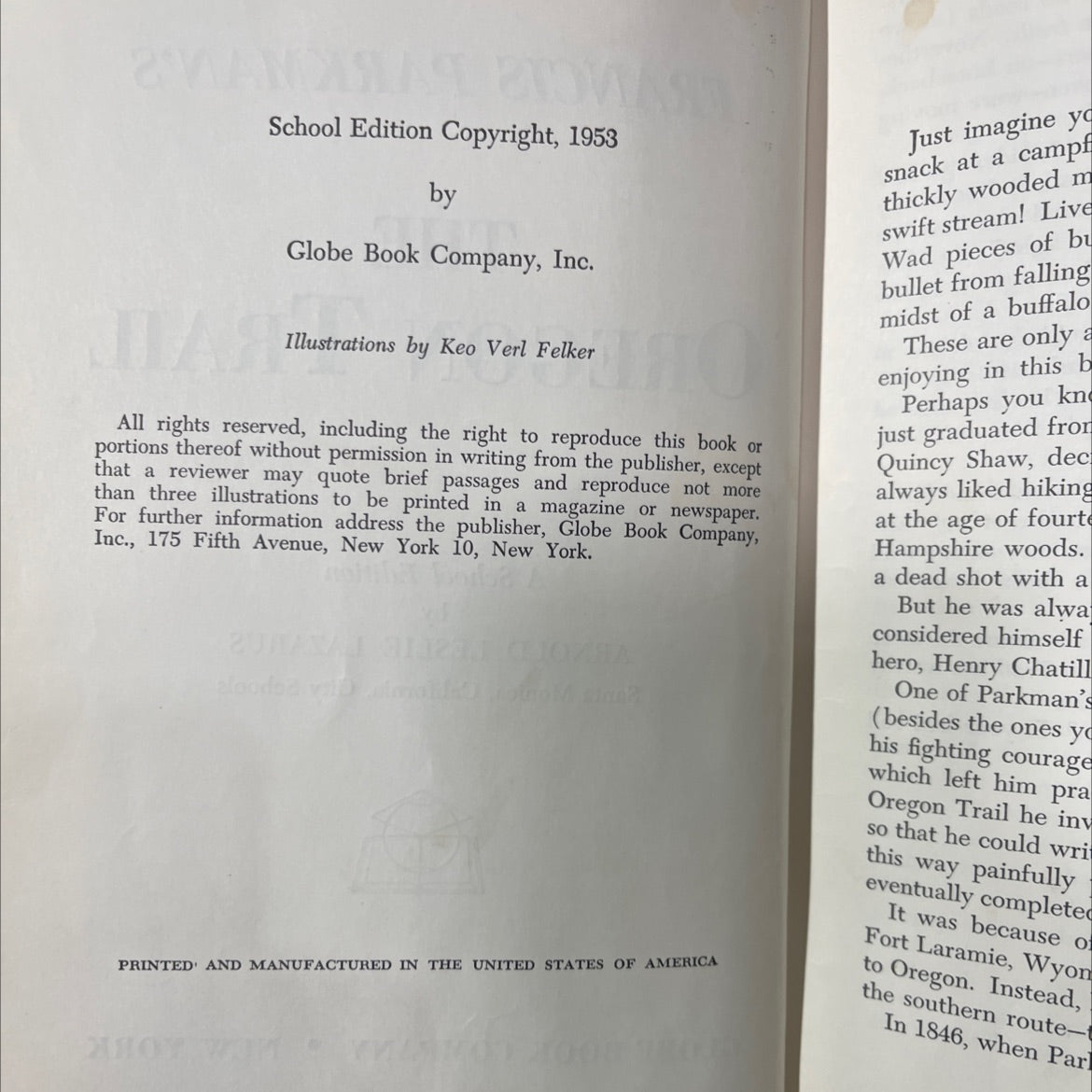 francis parkman's the oregon trail a school edition book, by arnold leslie lazarus, 1953 Hardcover image 3