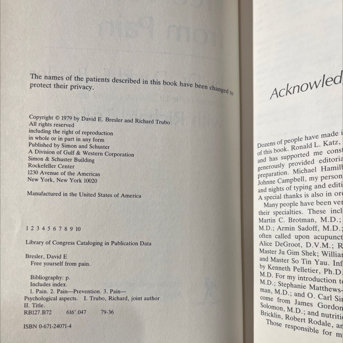 free yourself from pain book, by David E. Bresler, 1979 Hardcover image 3