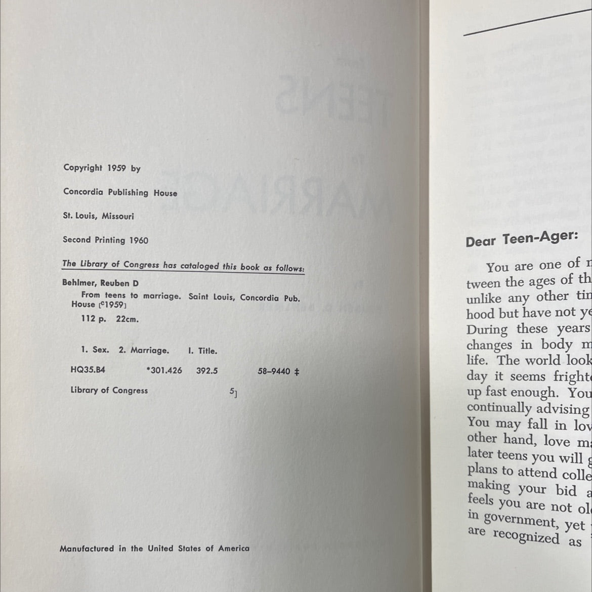 from teens to marriage book, by reuben d. behlmer, 1960 Hardcover image 3