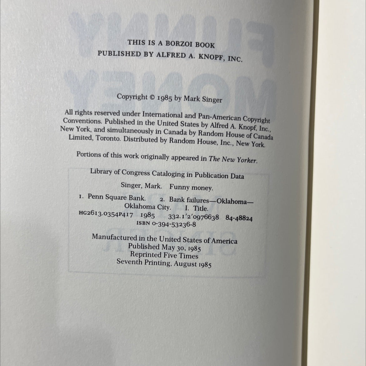 funny money book, by Mark Singer, 1985 Hardcover image 3