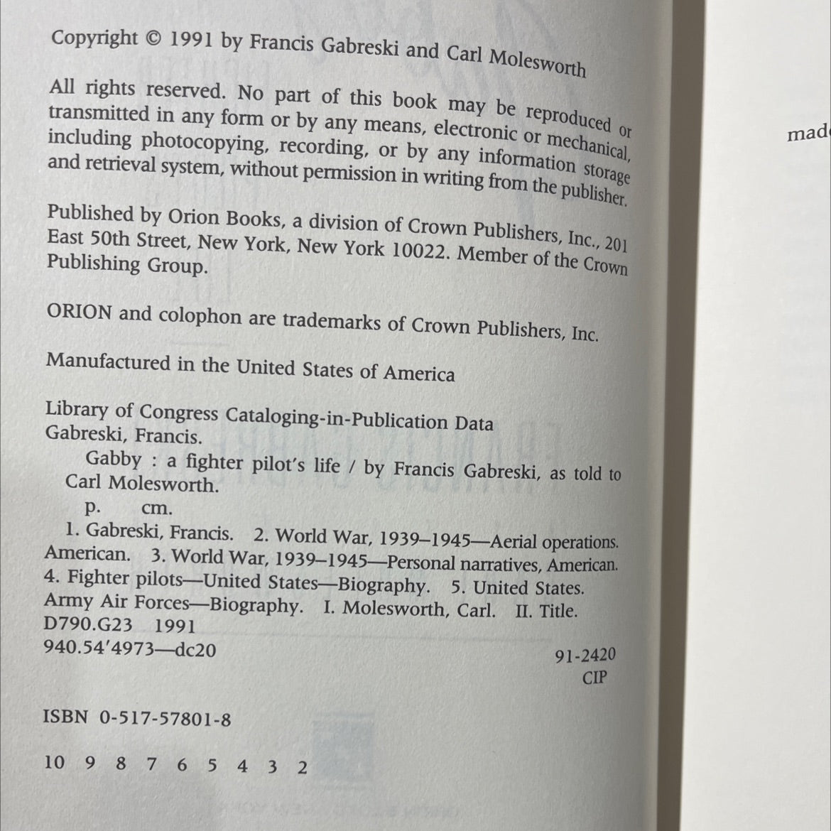 SIGNED gabby a fighter pilot's life book, by Francis Gabreski, 1991 Hardcover, First Edition image 3