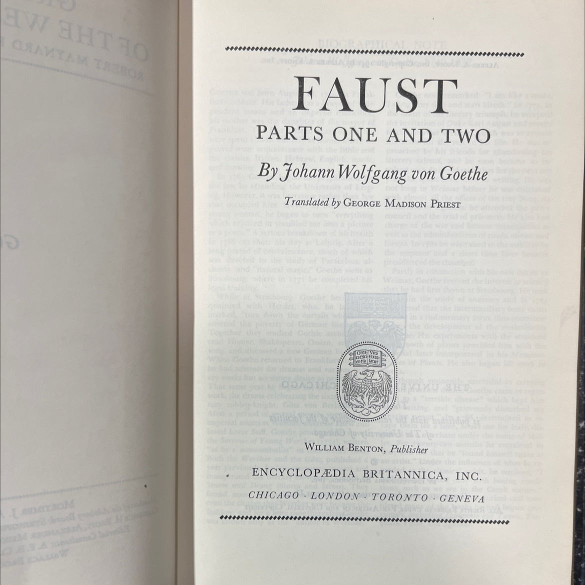 gamyam taro p faust paneler parts one and two with the bible book, by johann wolfgang von goethe, 1941 Hardcover image 2