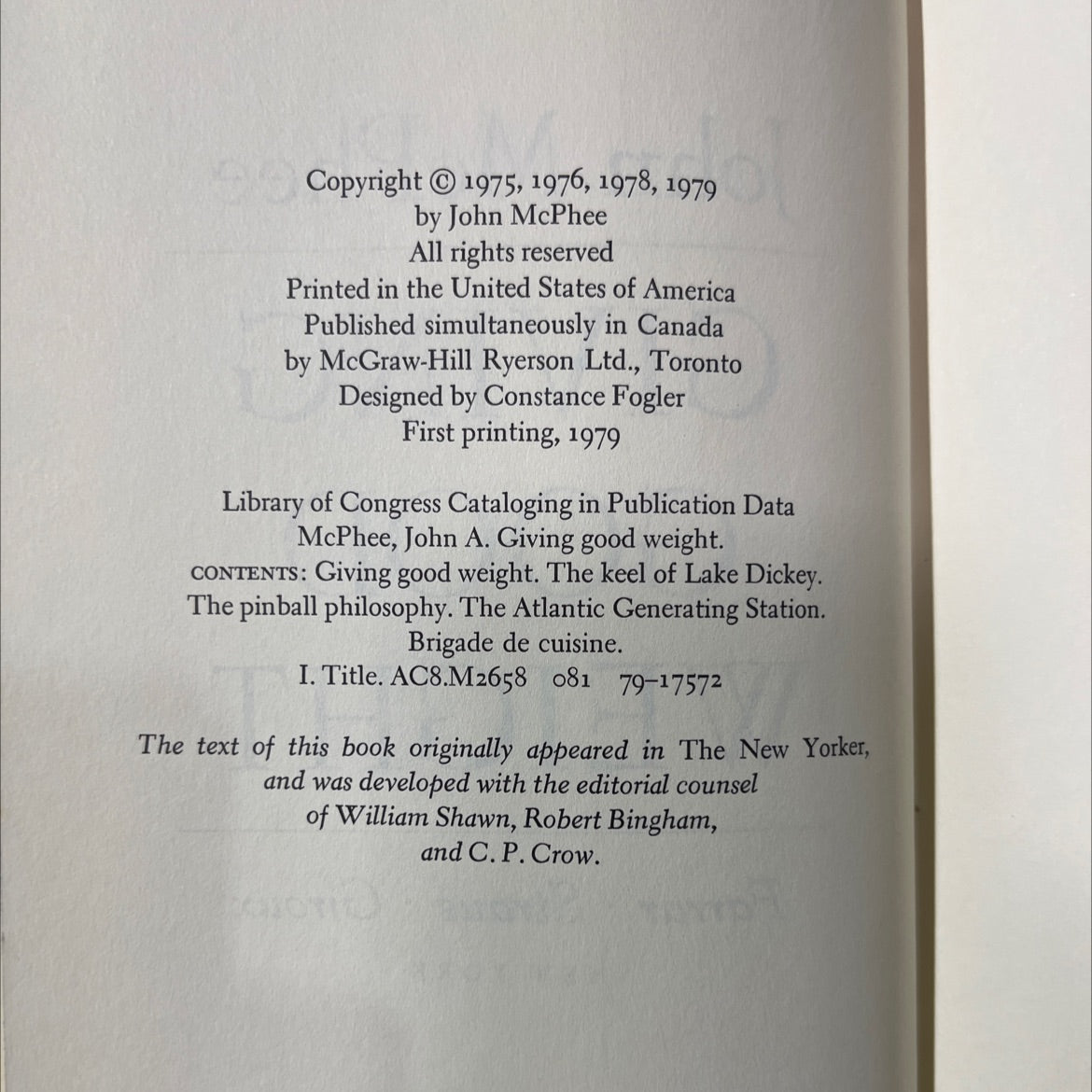 giving good weight book, by John McPhee, 1979 Hardcover image 3