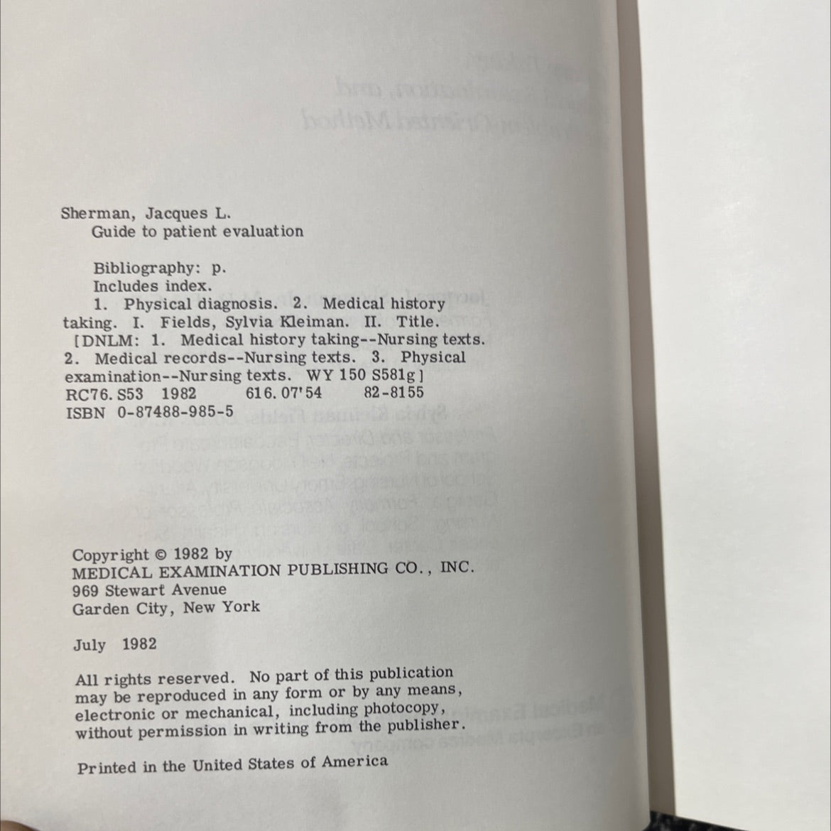 guide to patient evaluation book, by Jacques L. Sherman, Jr., M.D., F.A.C.P., Sylvia Kleiman Fields, Ed.D., R.N., 1982 image 3