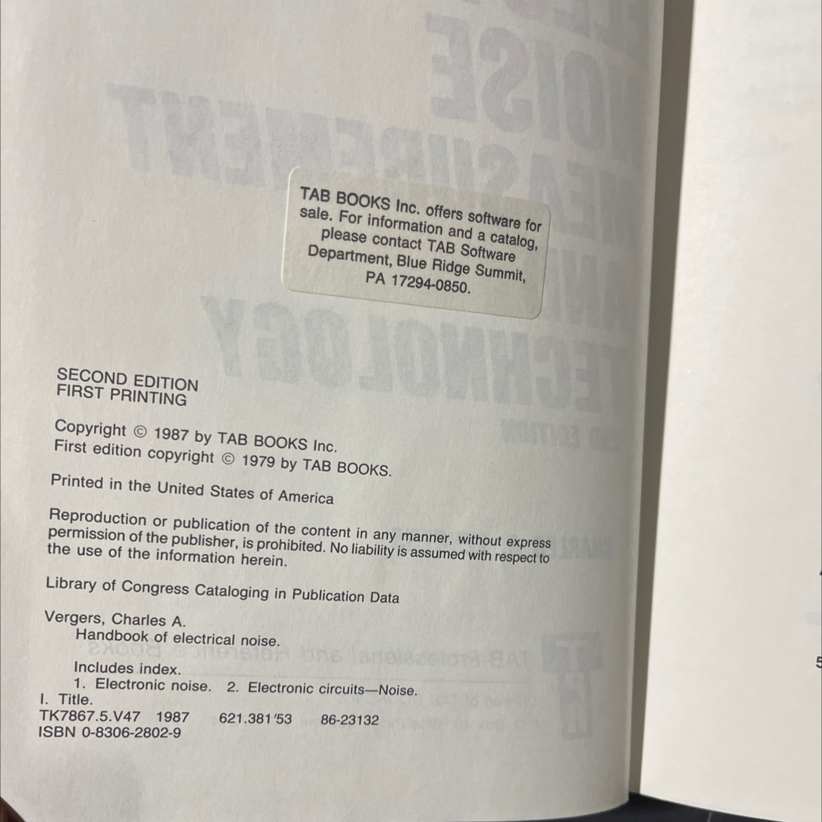 handbook of electrical noise measurement and technology book, by charles a. vergers, 1987 Hardcover image 3