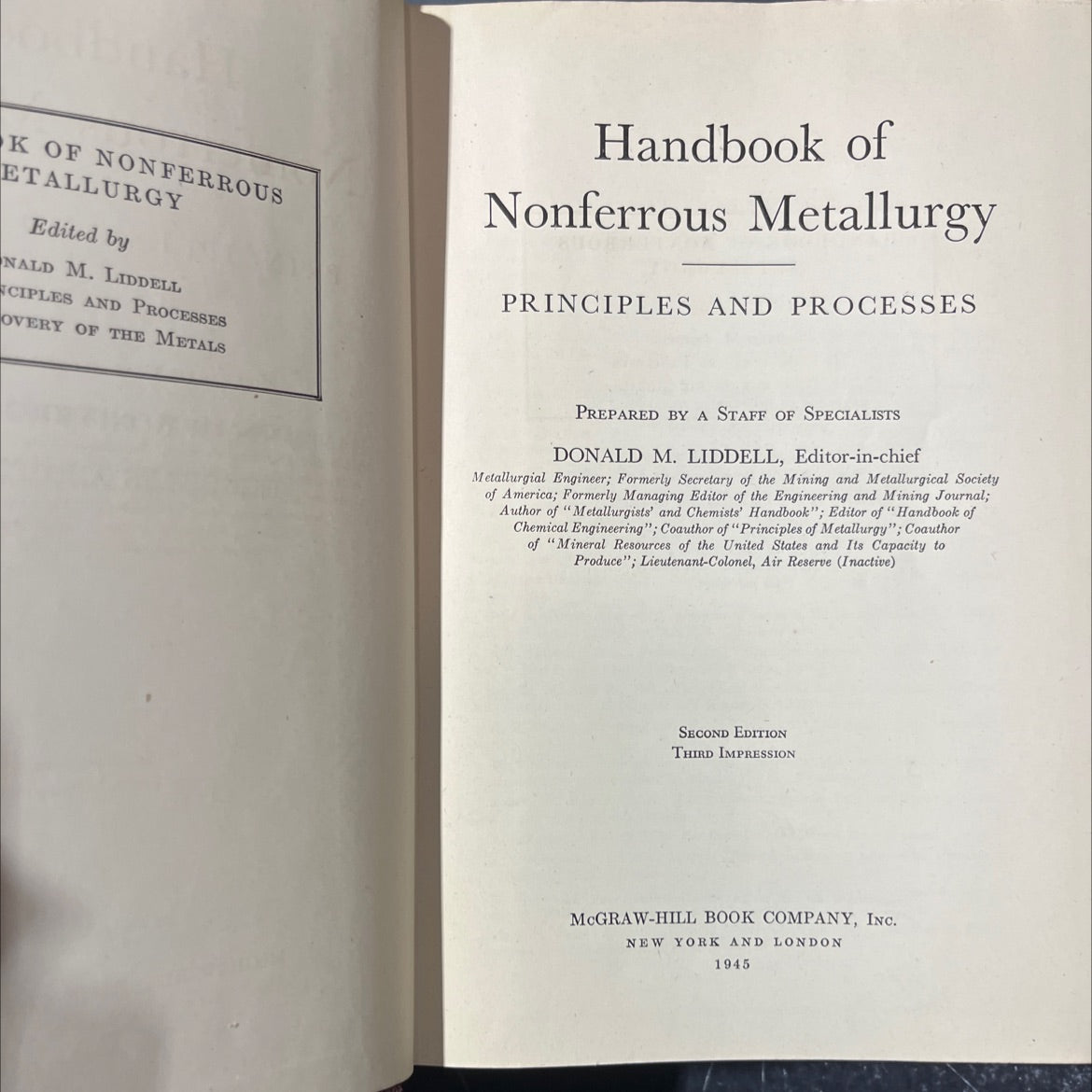 handbook of nonferrous metallurgy principles and processes book, by donald m. liddell, 1945 Hardcover image 2