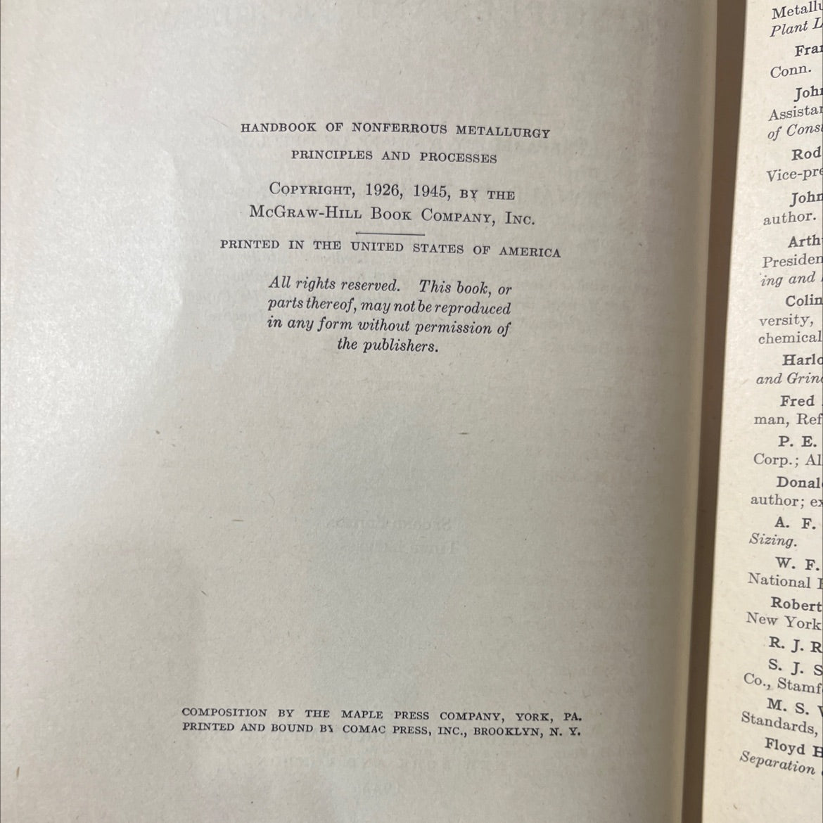 handbook of nonferrous metallurgy principles and processes book, by donald m. liddell, 1945 Hardcover image 3