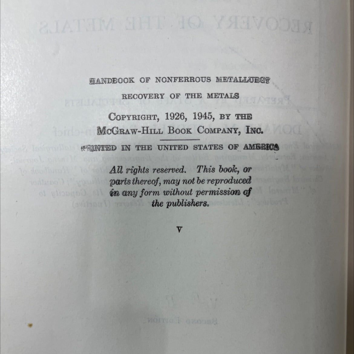 handbook of nonferrous metallurgy recovery of the metals book, by donald m. liddell, 1945 Hardcover image 3
