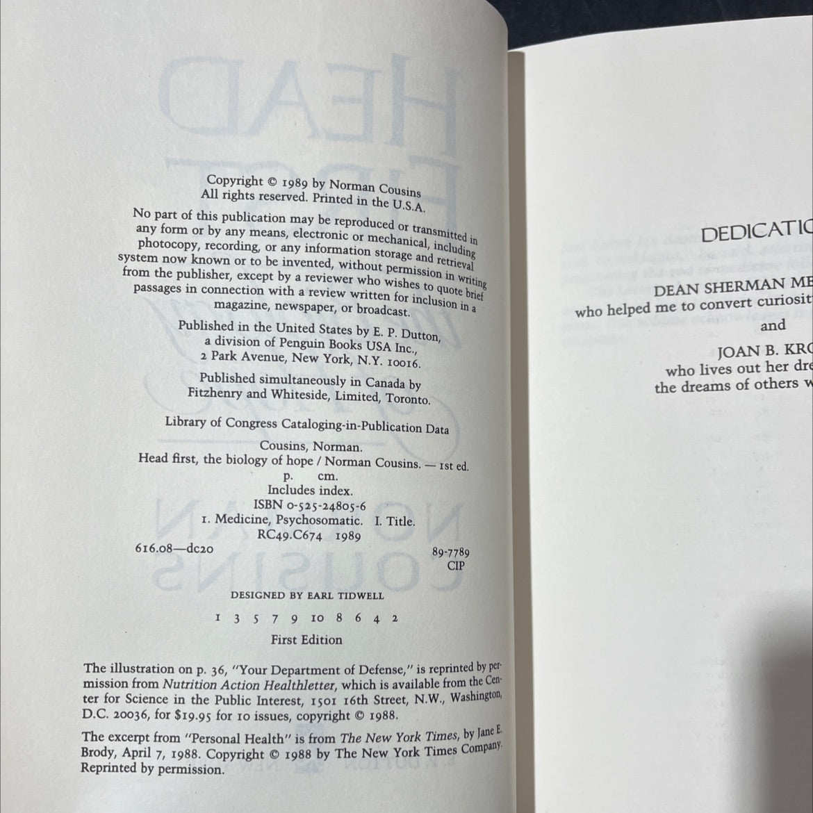 head first, the biology of hope book, by norman cousins, 1989 Hardcover image 3