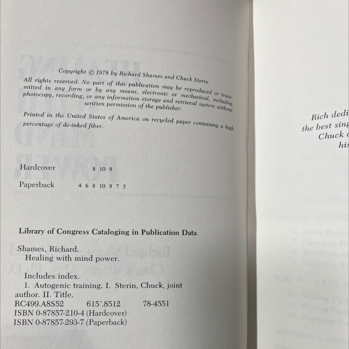 healing with mind power book, by Richard Shames, M.D. and Chuck Sterin, M.S., Ph.D., 1978 Hardcover image 3