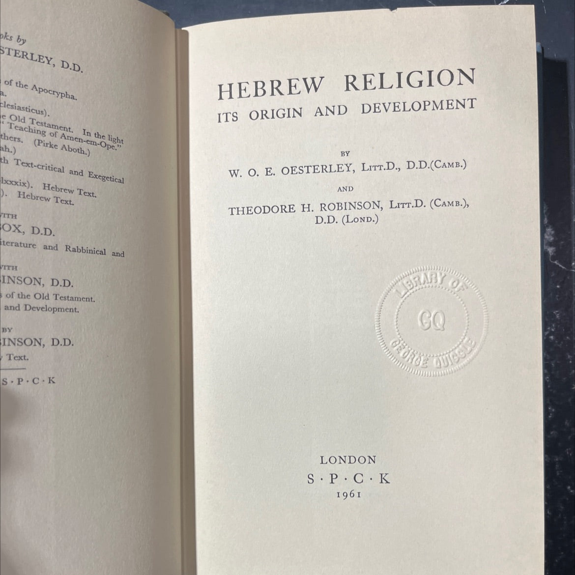 hebrew religion its origin and development book, by w. o. e. oesterley, theodore h. robinson, 1961 Hardcover image 2