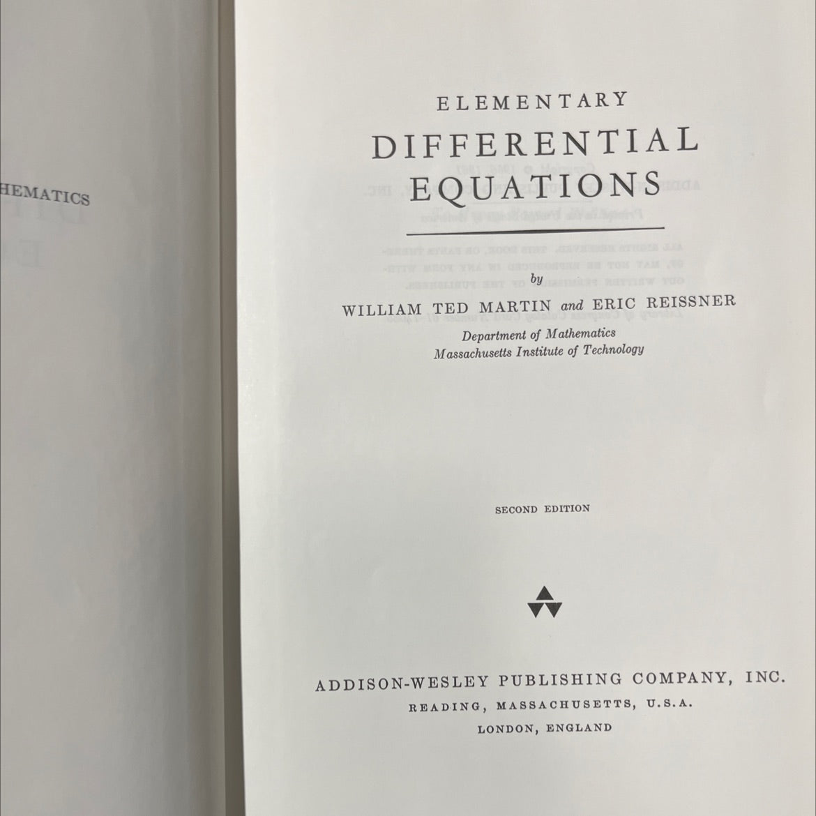hematics elementary differential equations book, by william ted martin and eric reissner, 1961 Hardcover image 2