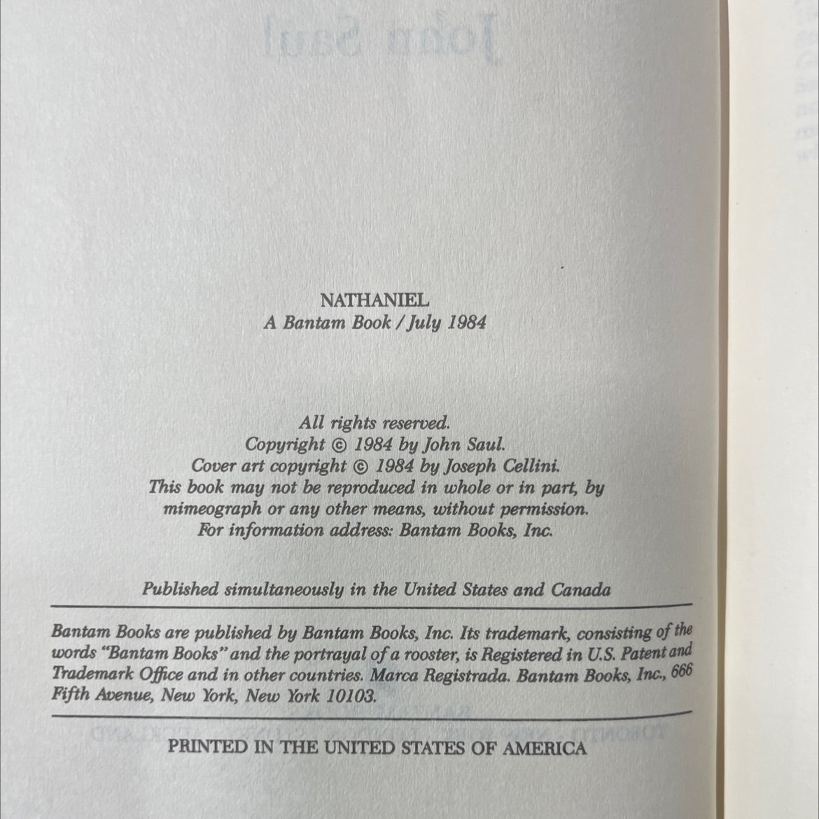 hiam nathaniel book, by John Saul, 1984 Hardcover image 3