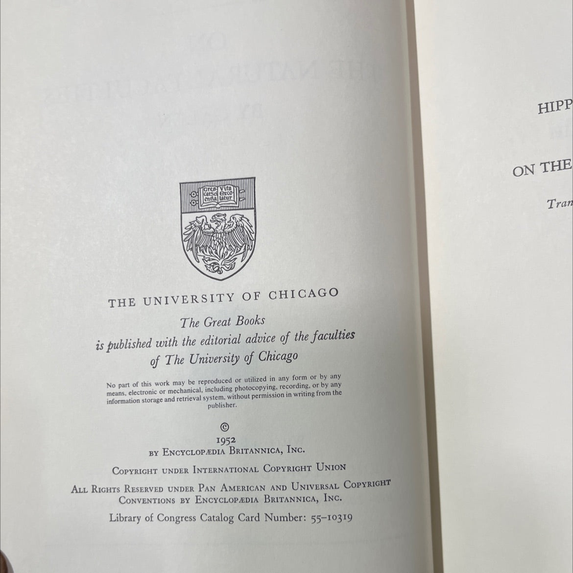 hippocratic writings on the natural faculties book, by galen, 1952 Hardcover image 3